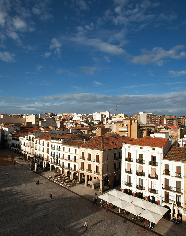 Overlooking Plaza Mayor, the main square in the Old Town of Cáceres.