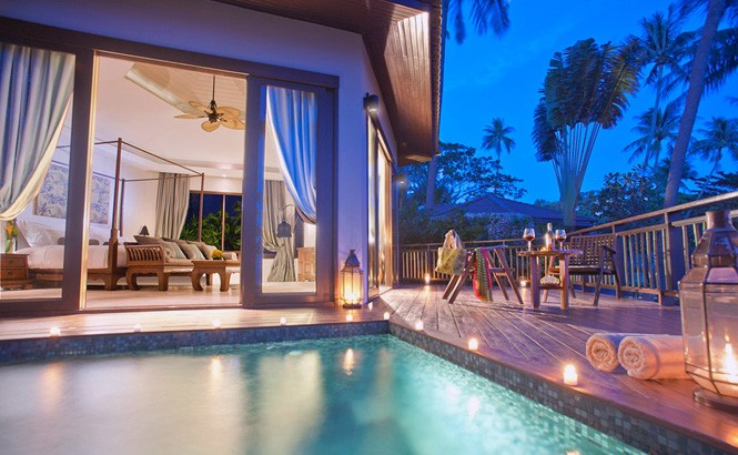 A pool suite at the Akaryn, the first resort to open on Koh Samui’s Hanuman Bay.