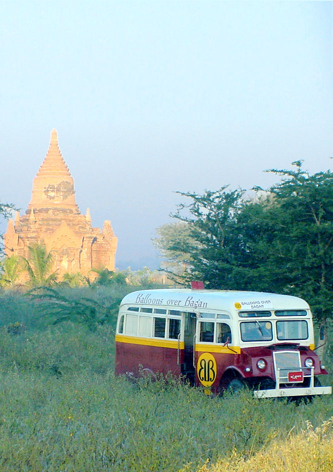 Eastern Safaris’ guests travel between ballooning sites in a lovingly resorted Yangon bus.
