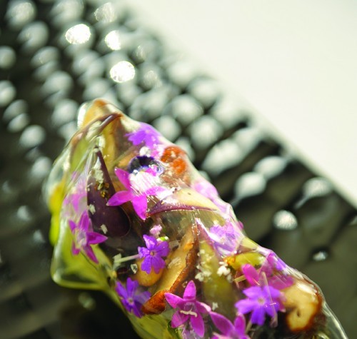 Sauteed Kyoto Eggplant with Shiitake Mushrooms and Edible Flowers overlaid with a film of Tomato Jelly