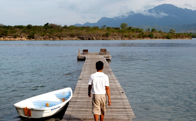 The Menjangan’s jetty extends into a mangrove-fringed bay.