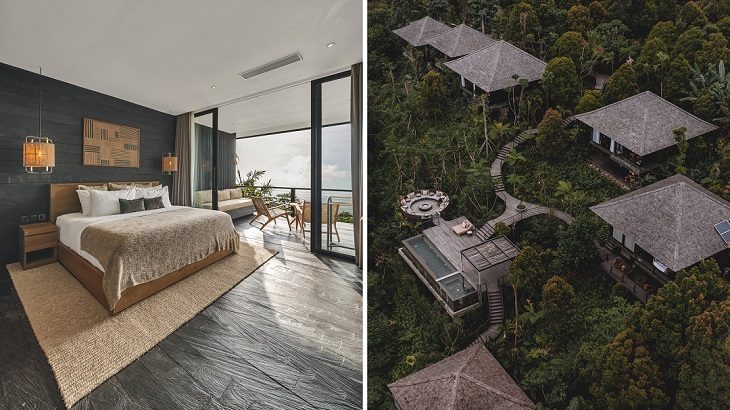 Inside a Premium Studio cabin at Munduk Cabins by Desa Hay; an aerial view of the resort.