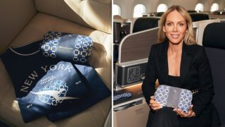 Australian designer Rebecca Vallance was behind the pajamas and amenity kits; Vallance in business class aboard a Boeing 787 Dreamliner.