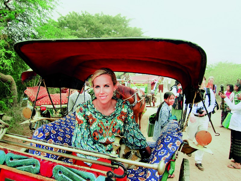 Tory Burch in a traditional Burmese rickshaw en route to Ngapali Beach.