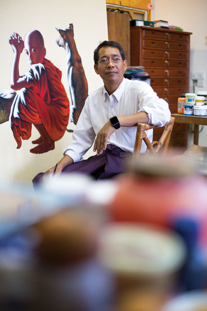 'Monk expert' Min Wae Aung in his studio at the New Treasure Art Gallery.