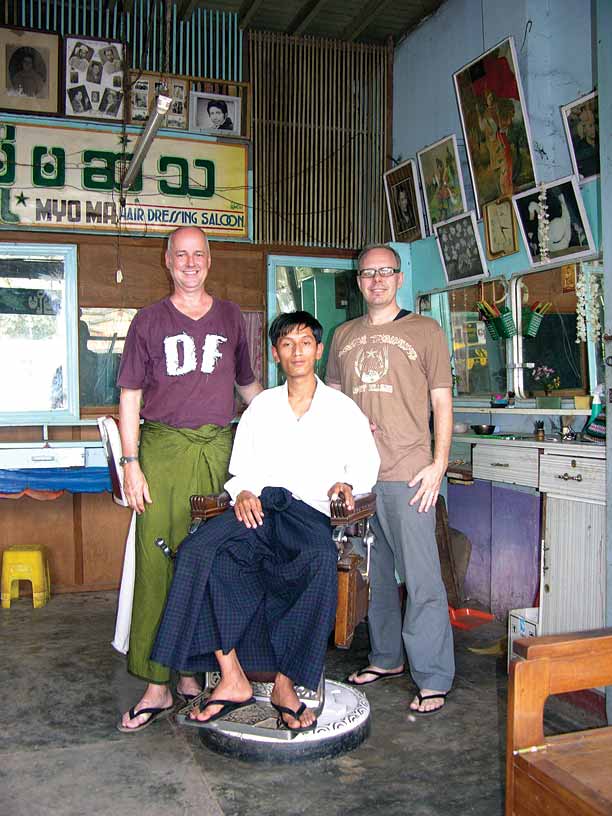 Authors Robert Carmack (in the green longyi) and Morrison Polkinghorne in the Shan State of Thibaw.